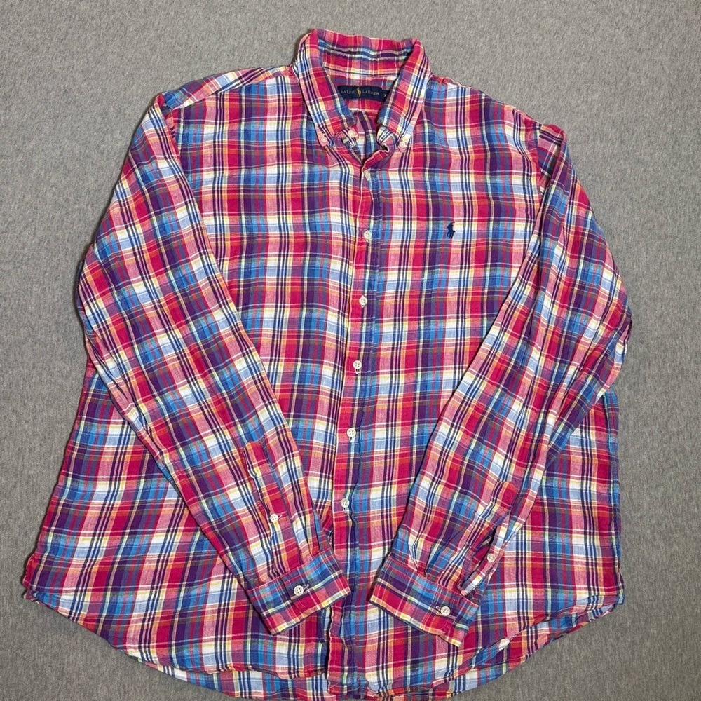 RALPH LAUREN Slim Men's XXL Plaid Multicolor Button-Down Logo Polo Red Blue Pink - Picture 2 of 9